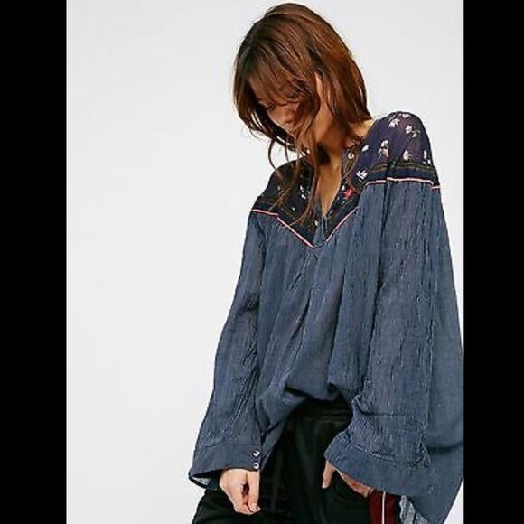 Free People Blue Hearts and Color Tunic Boho Blouse XS - Picture 11 of 11